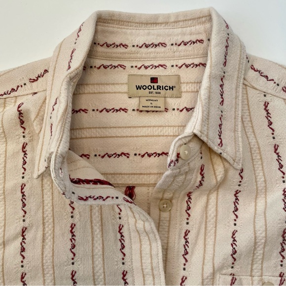 Vtg Woolrich Women’s Cream Burgundy/Red Tan Striped Cotton Button-Up Shirt Sz L - Picture 8 of 15